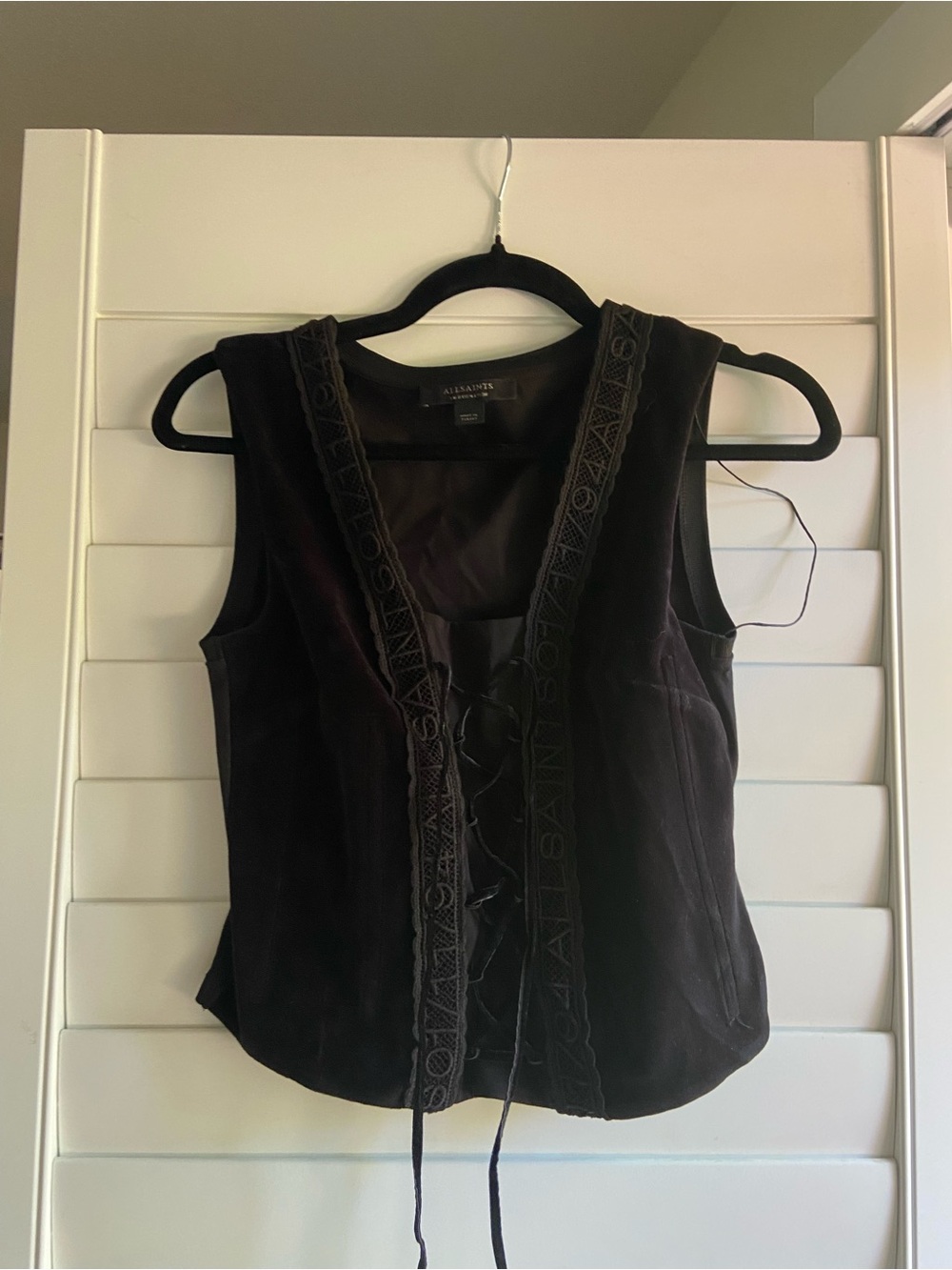 All Saints Black Velvet Lace-Up Camisole Vest